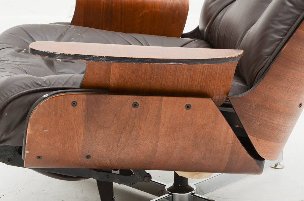 Vintage Eames-Style Walnut and Leather Recliner Chair