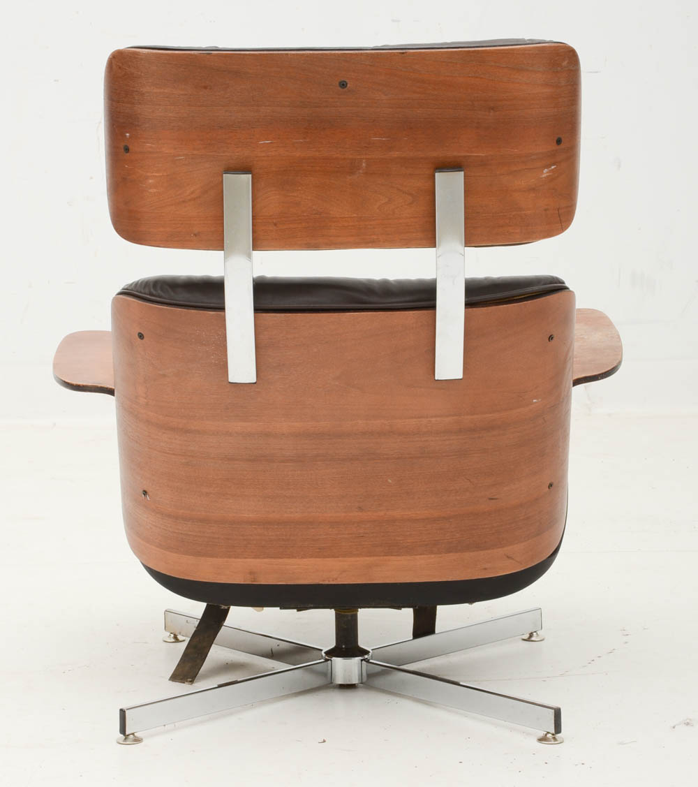 Vintage Eames-Style Walnut and Leather Recliner Chair