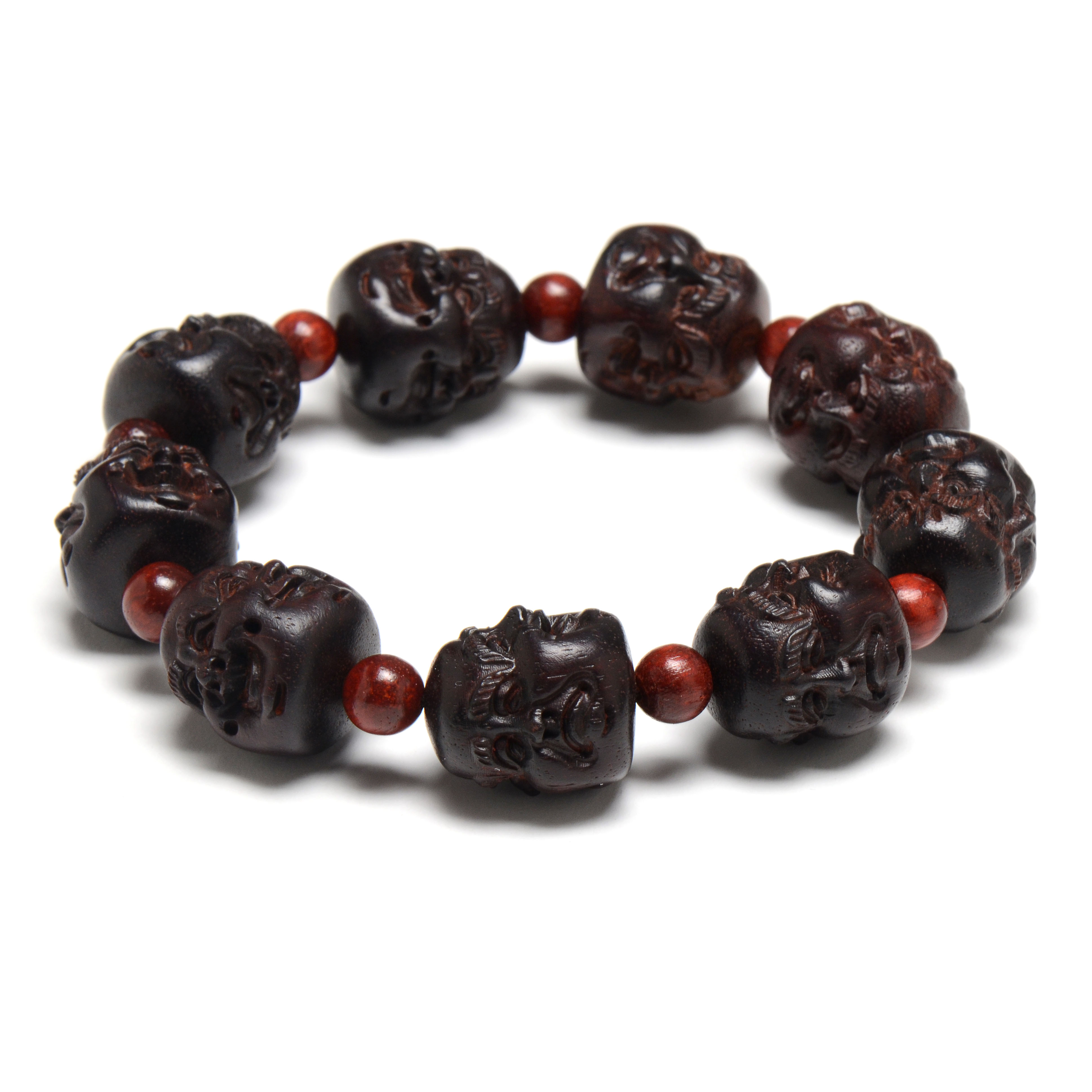 Hand Carved Chinese Zitan Wood Laughing Buddha Heads Bracelet