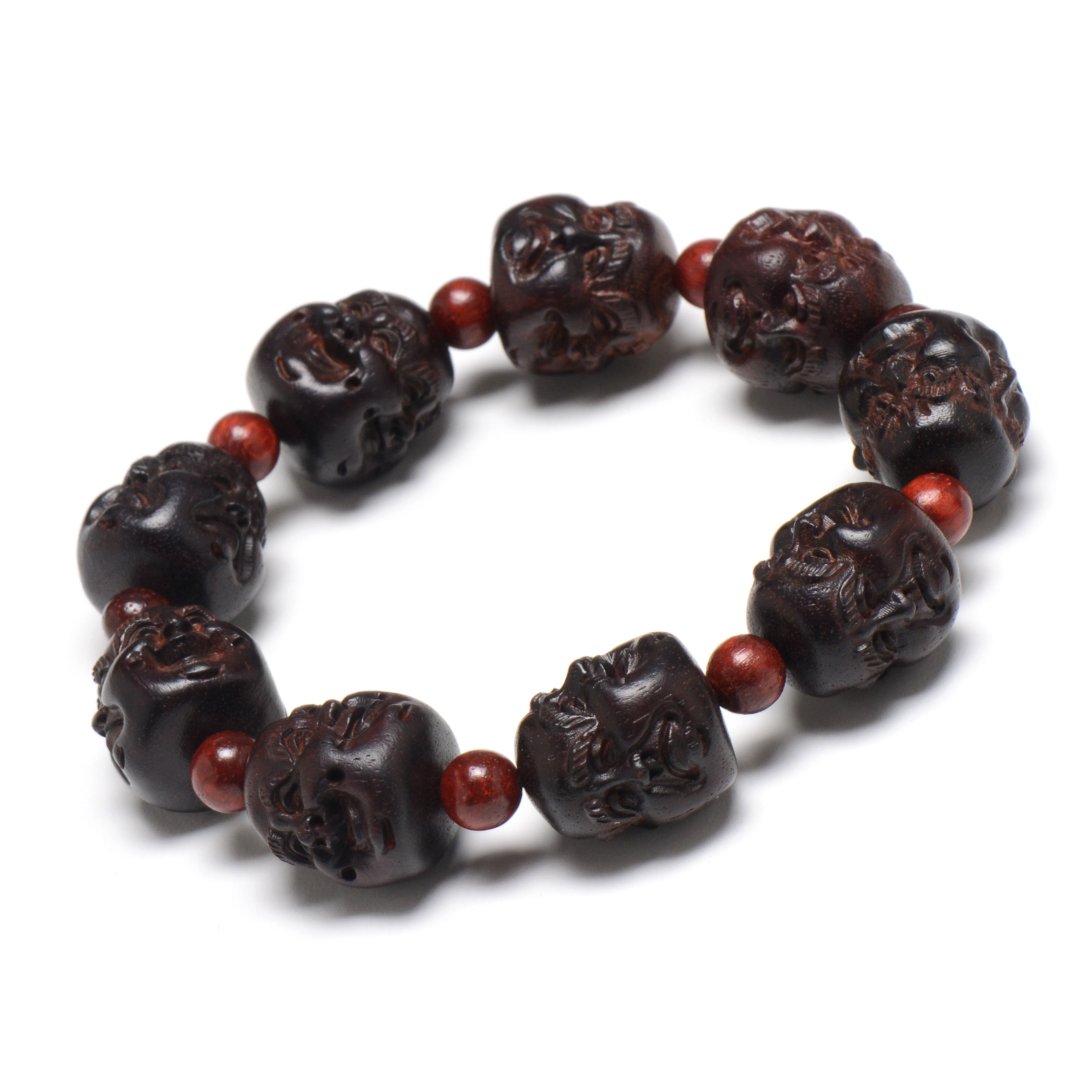 Hand Carved Chinese Zitan Wood Laughing Buddha Heads Bracelet