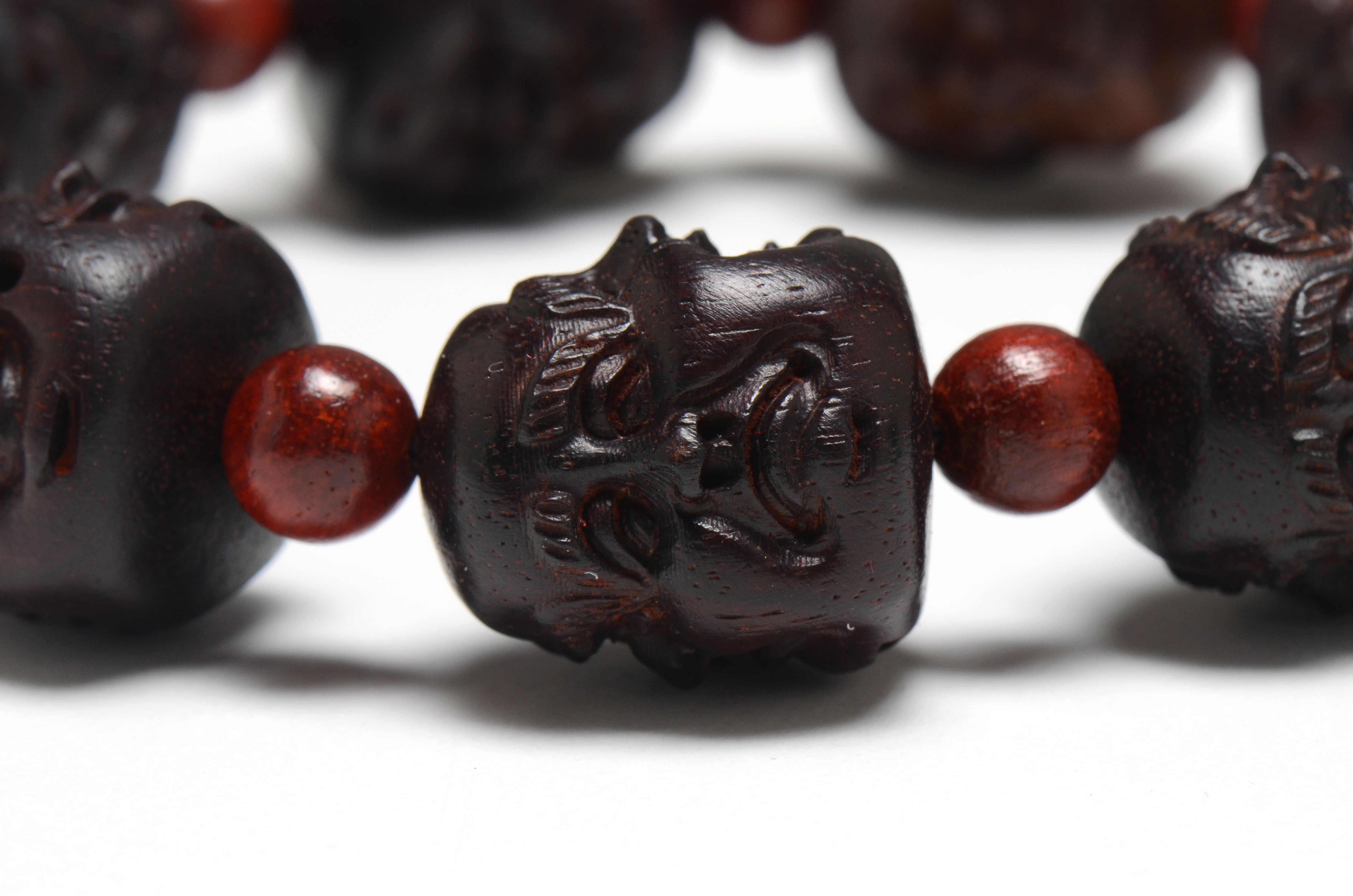 Hand Carved Chinese Zitan Wood Laughing Buddha Heads Bracelet