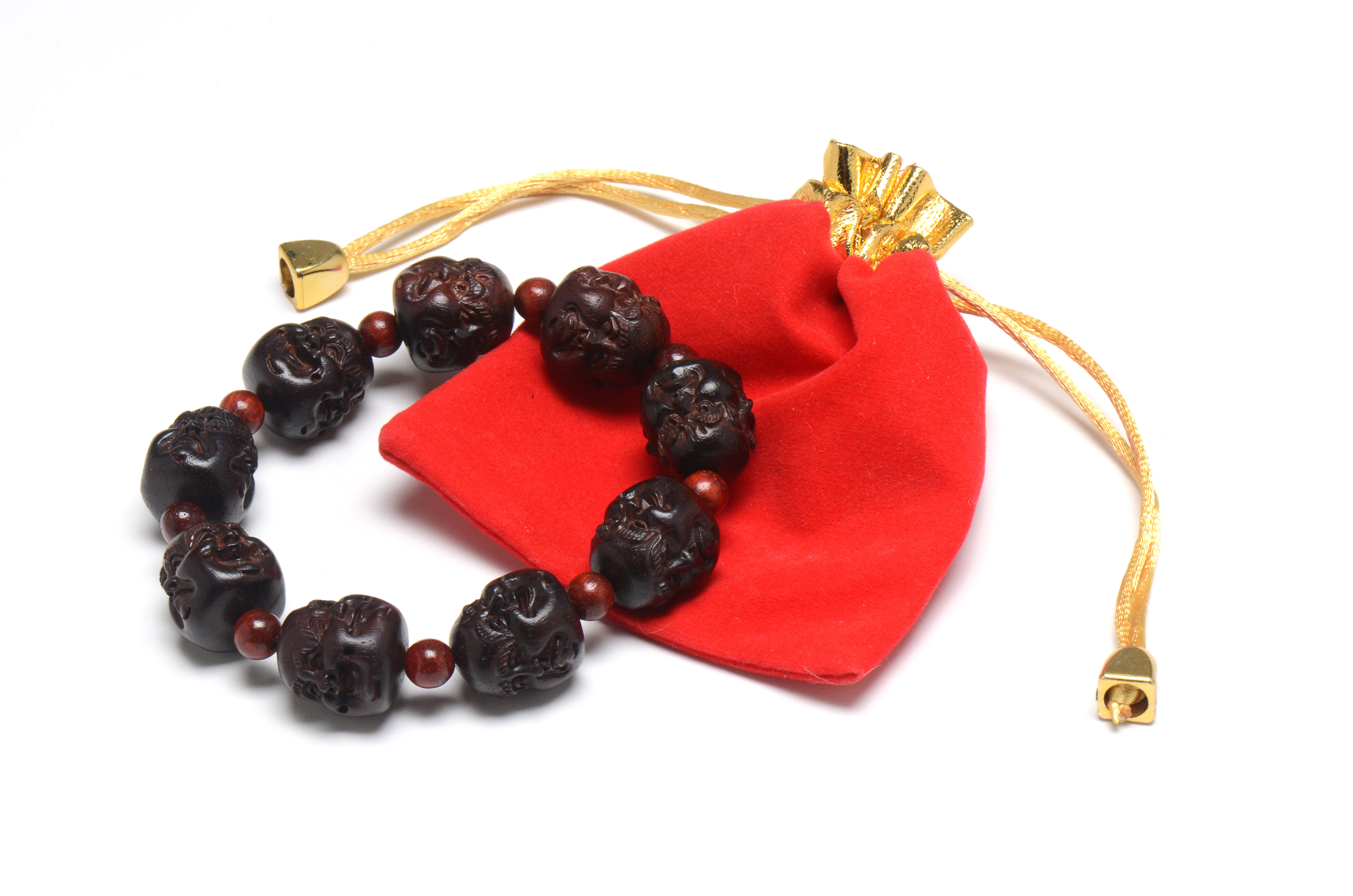 Hand Carved Chinese Zitan Wood Laughing Buddha Heads Bracelet