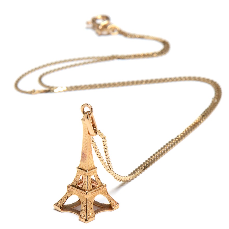 14K Yellow Gold Eiffel Tower Pendant Chain Necklace