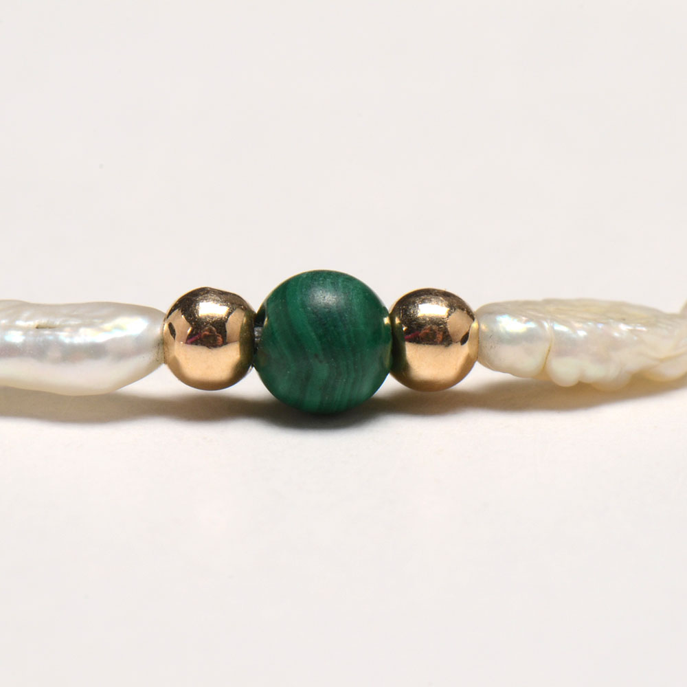 Cultured Rice Pearl and Malachite Beaded Bracelet with Gold Filled Spacers and 14K Gold Clasp