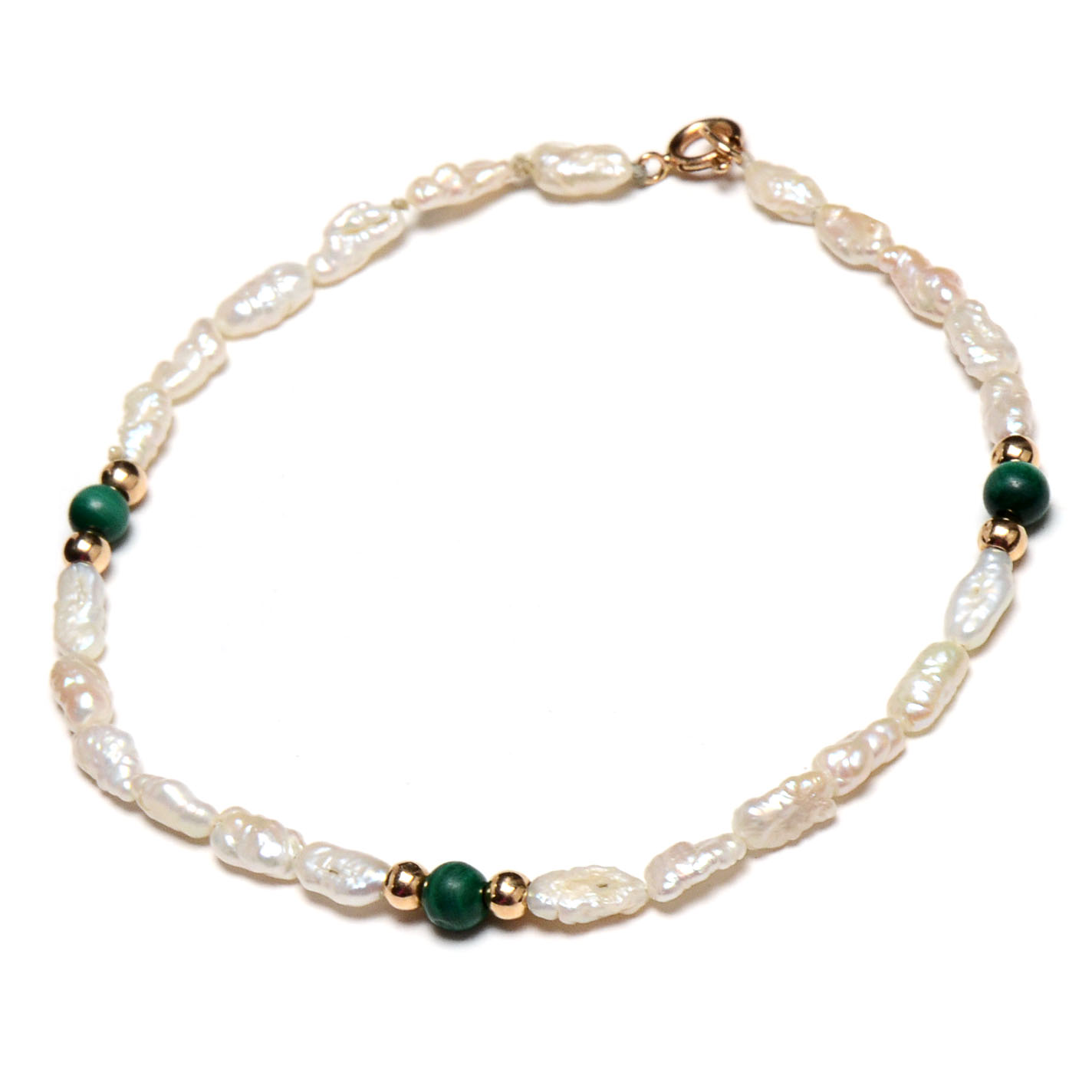 Cultured Rice Pearl and Malachite Beaded Bracelet with Gold Filled Spacers and 14K Gold Clasp