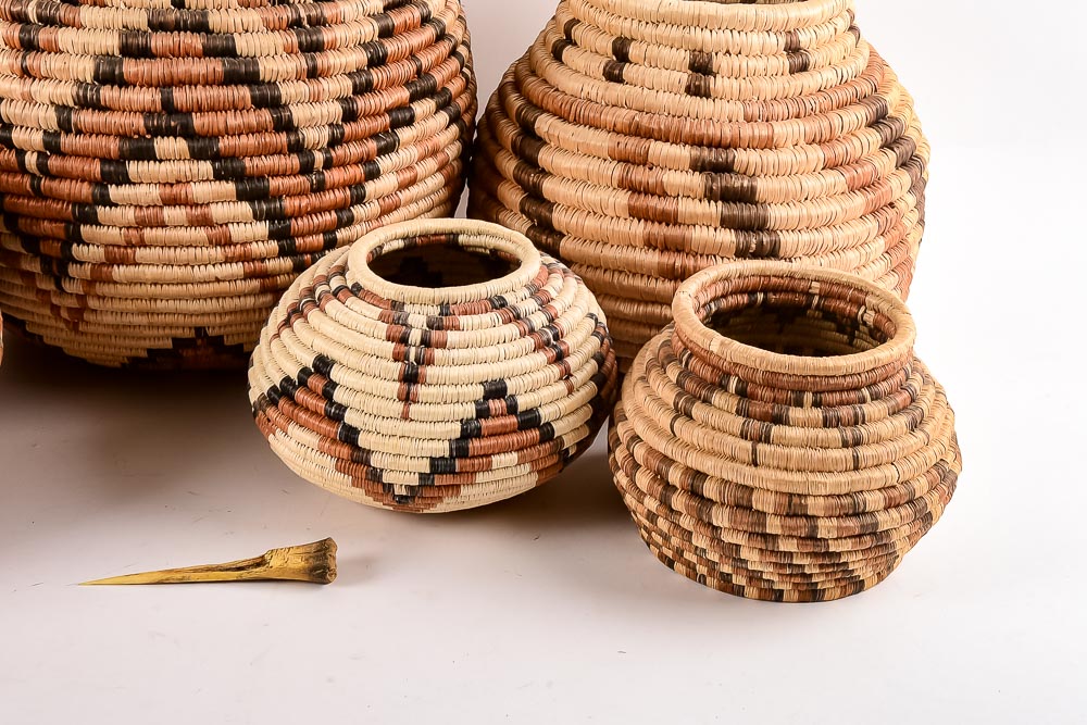 Collection of Six Woven Seri Baskets with Awl for Basket Making