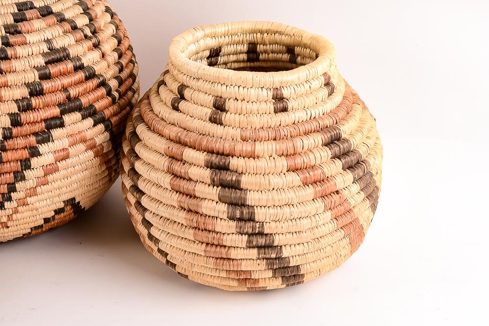 Collection of Six Woven Seri Baskets with Awl for Basket Making