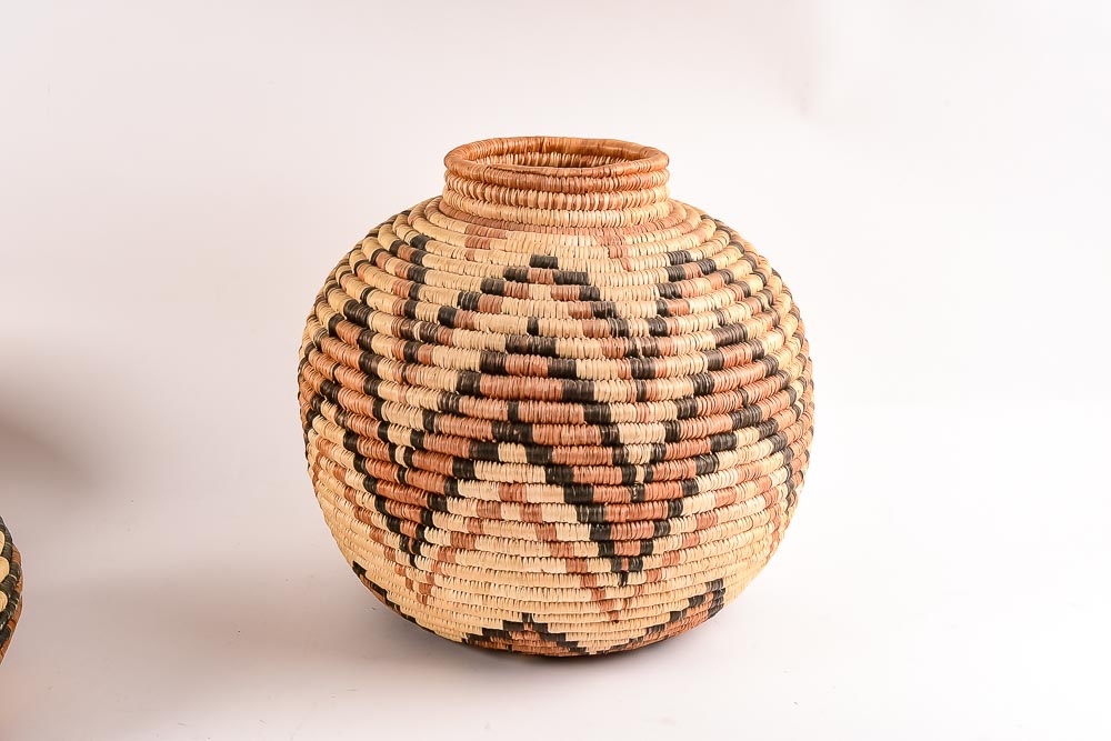 Collection of Six Woven Seri Baskets with Awl for Basket Making
