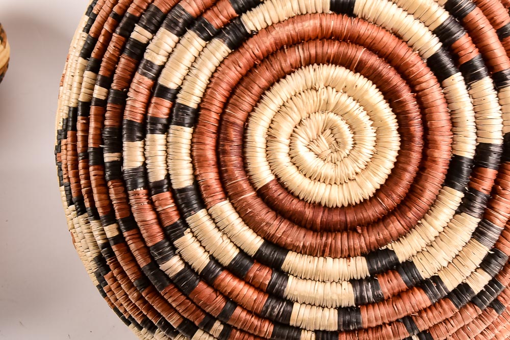 Collection of Six Woven Seri Baskets with Awl for Basket Making