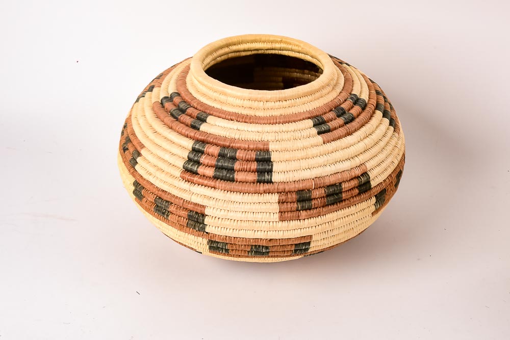 Collection of Six Woven Seri Baskets with Awl for Basket Making