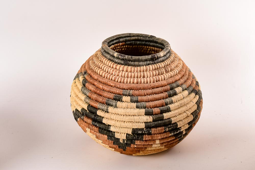 Collection of Six Woven Seri Baskets with Awl for Basket Making