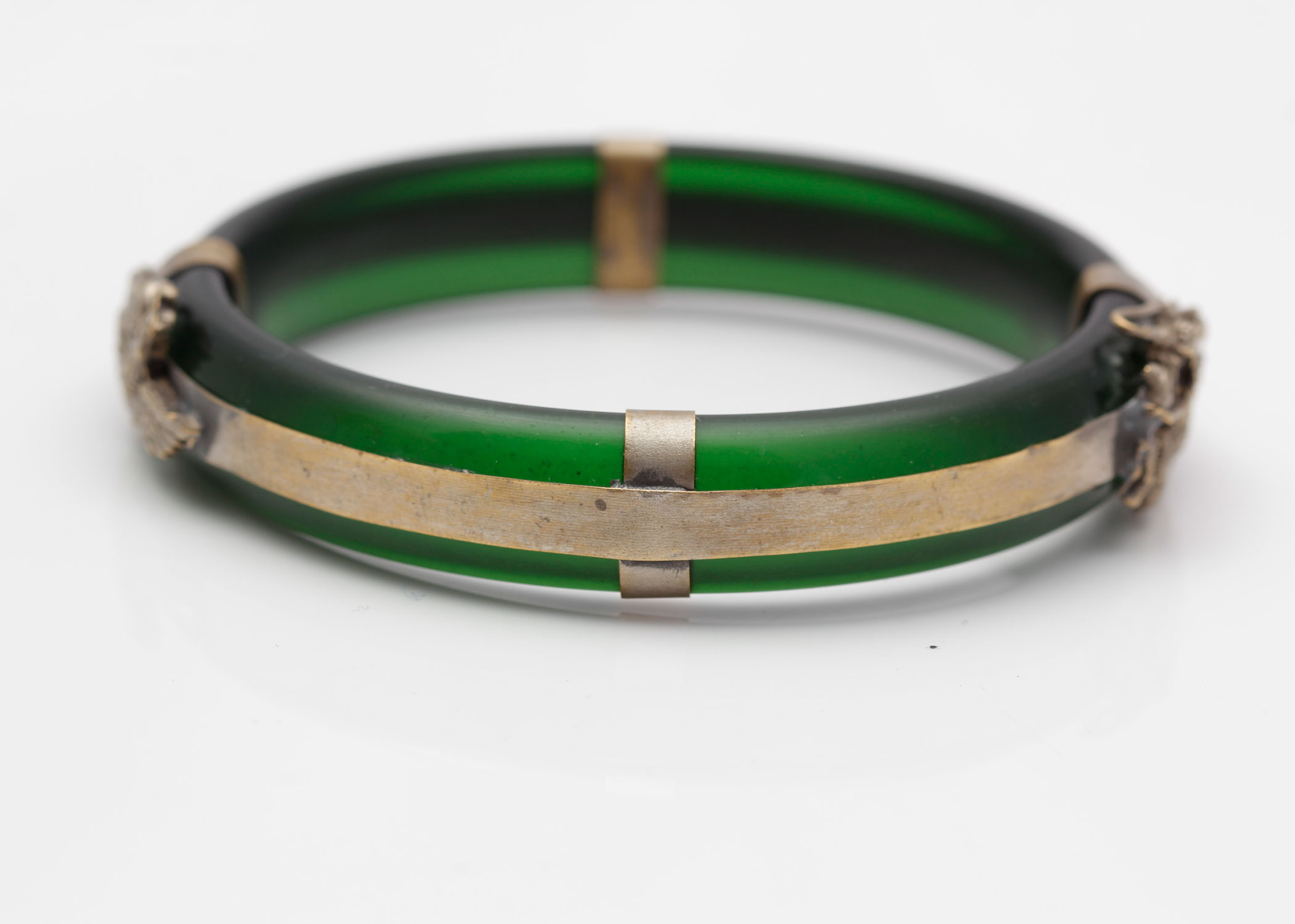 Asian Inspired Carved Resin and White Metal Bracelet