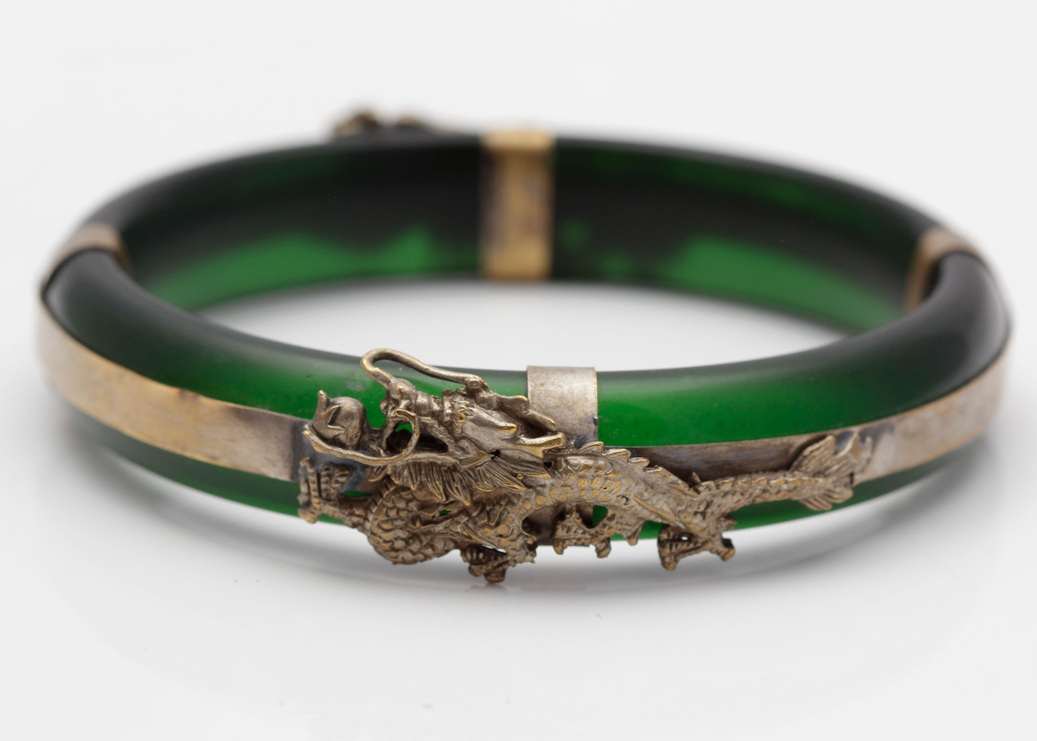 Asian Inspired Carved Resin and White Metal Bracelet