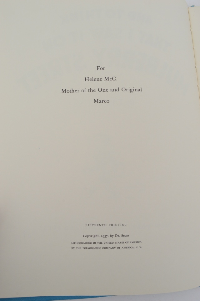 1937 "And To Think That I Saw It On Mulberry Street" by Dr. Seuss
