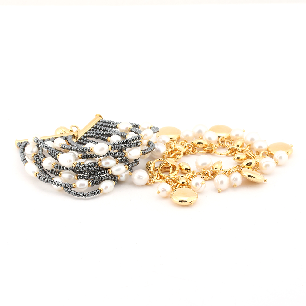 Gold Tone Freshwater Pearl Hematite Bracelets