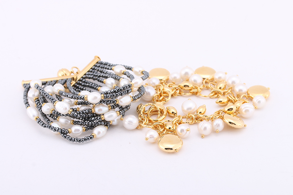 Gold Tone Freshwater Pearl Hematite Bracelets