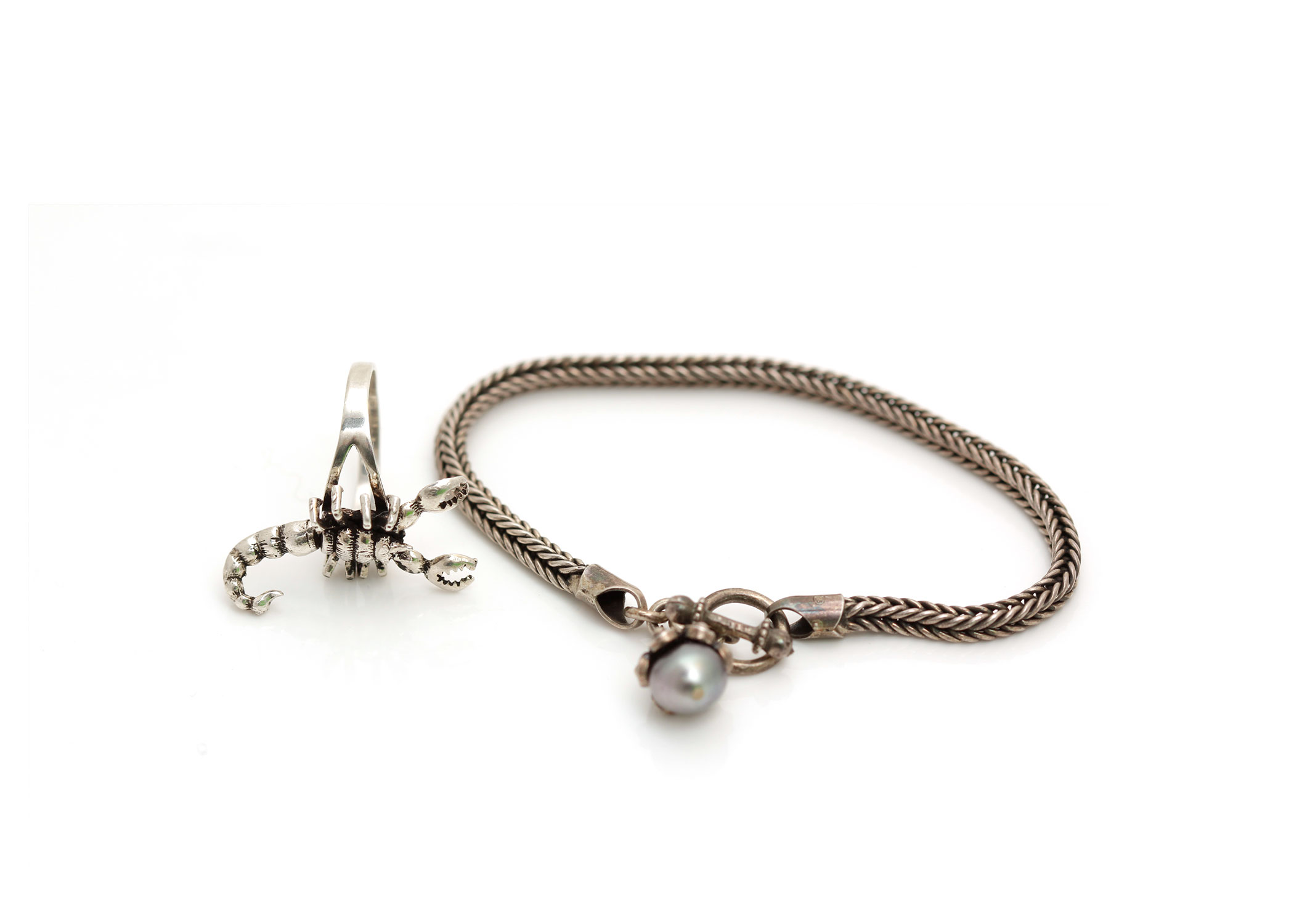 Sterling Silver Rope Twist Bracelet and Scorpion Ring