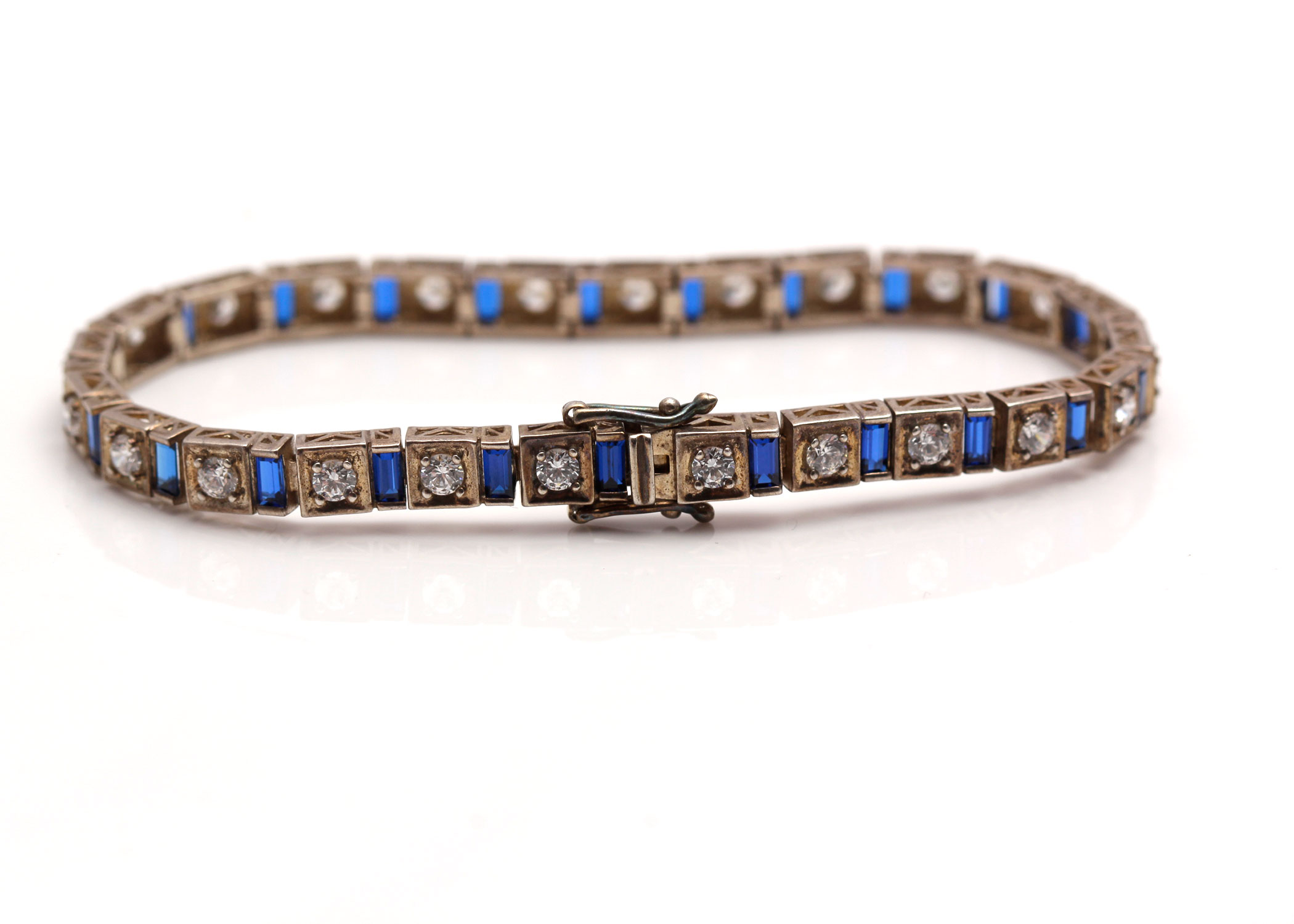 Art Deco Style Sterling Silver Bracelet with Glass Stones