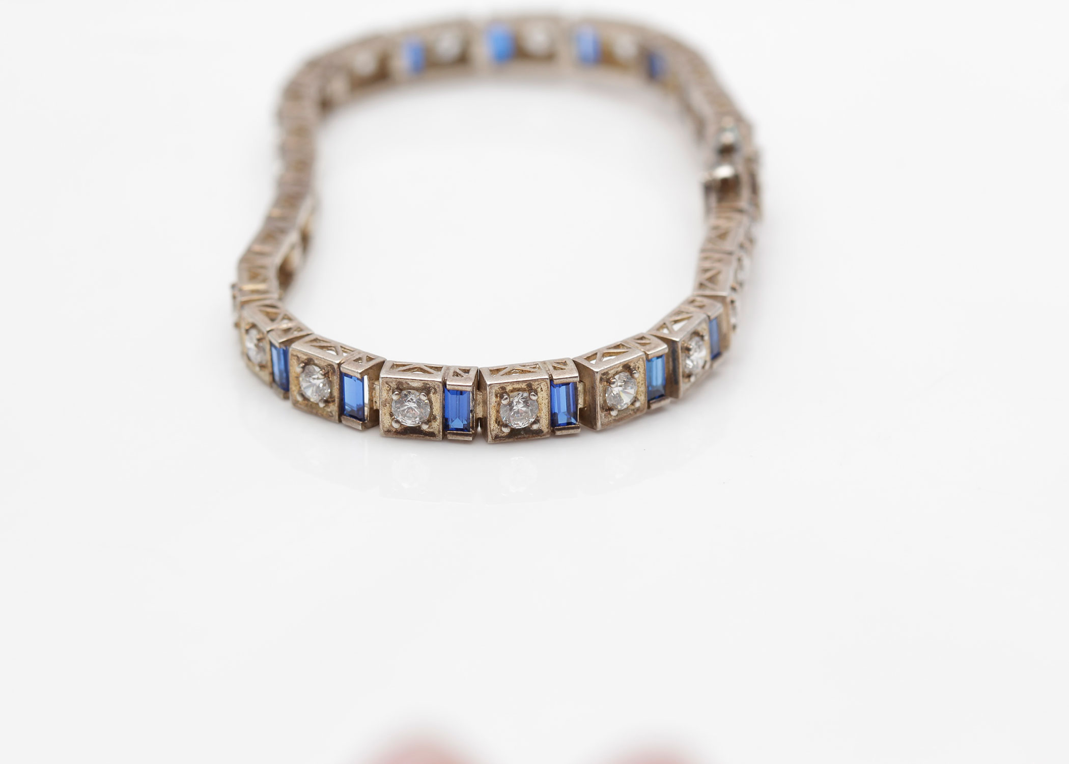 Art Deco Style Sterling Silver Bracelet with Glass Stones