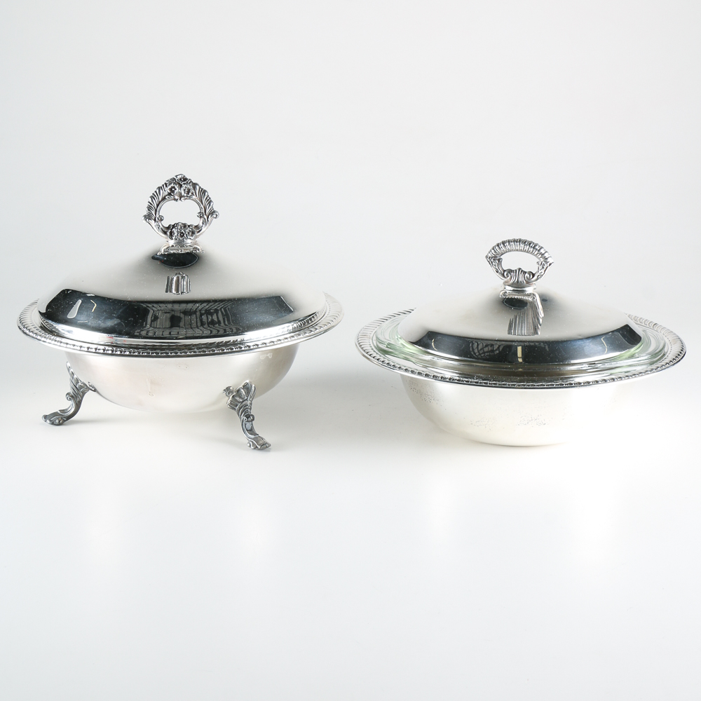 F.B. Rogers Mid-Century Silver Plated and Pyrex Serving Dishes