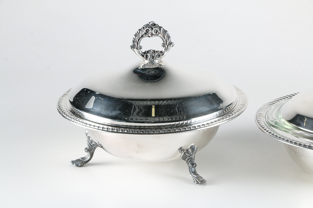 F.B. Rogers Mid-Century Silver Plated and Pyrex Serving Dishes