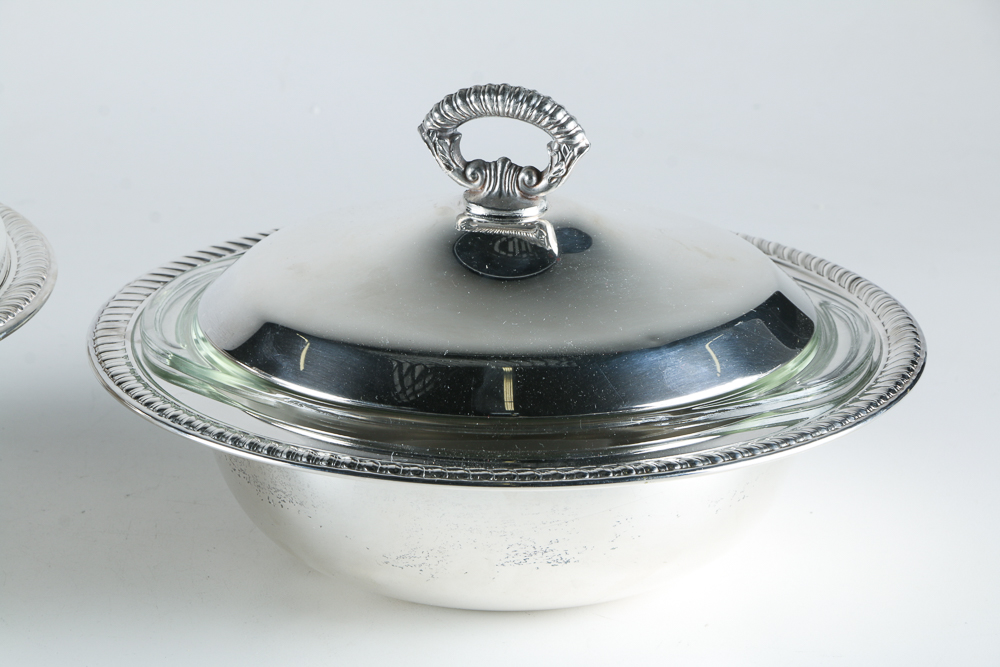 F.B. Rogers Mid-Century Silver Plated and Pyrex Serving Dishes