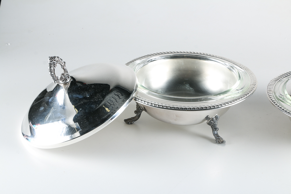 F.B. Rogers Mid-Century Silver Plated and Pyrex Serving Dishes