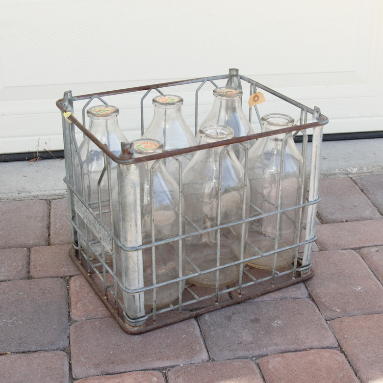 Vintage Glass Dairy Jars and Dairy Crate