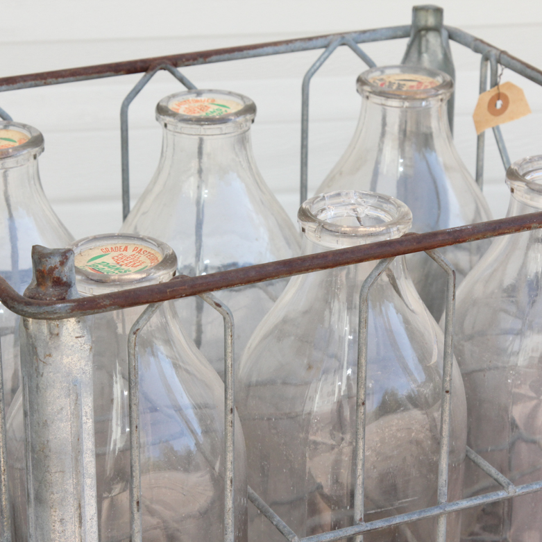 Vintage Glass Dairy Jars and Dairy Crate