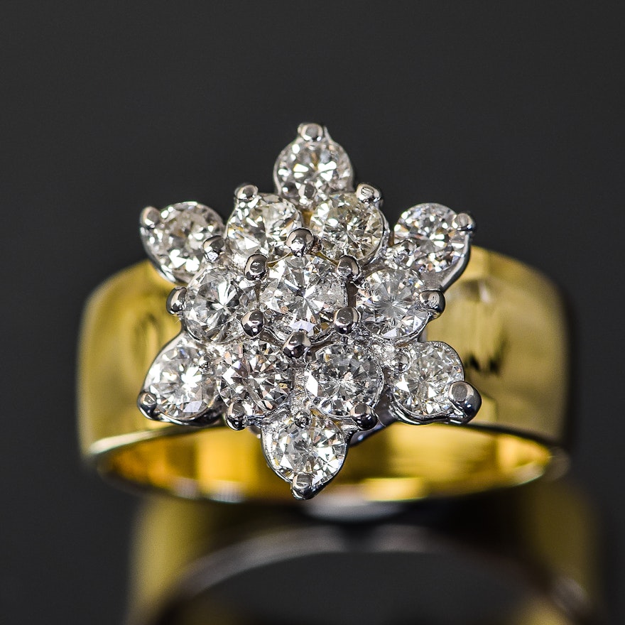 14K Yellow and White Gold 1.02 CTW Diamond Flower Ring