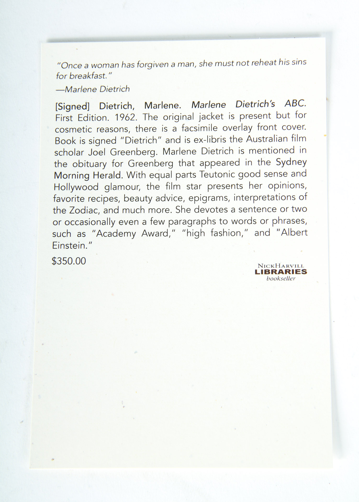 Signed "Marlene Dietrich's ABC" Book