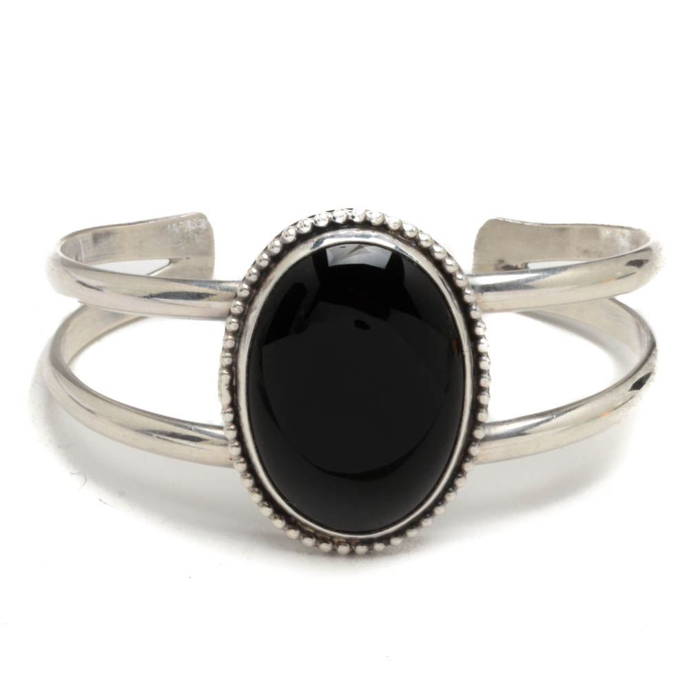 Lan Signed Sterling Silver Black Onyx Openwork Cuff Bracelet