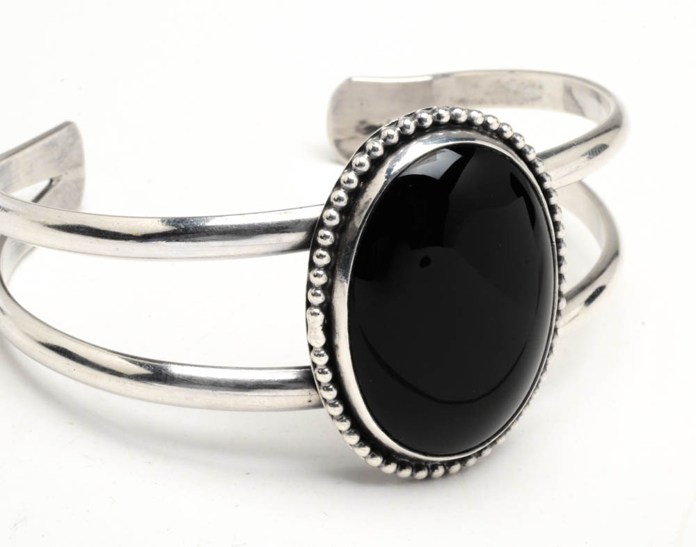 Lan Signed Sterling Silver Black Onyx Openwork Cuff Bracelet