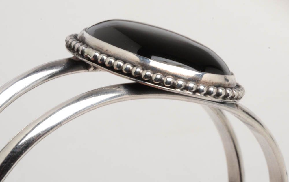 Lan Signed Sterling Silver Black Onyx Openwork Cuff Bracelet