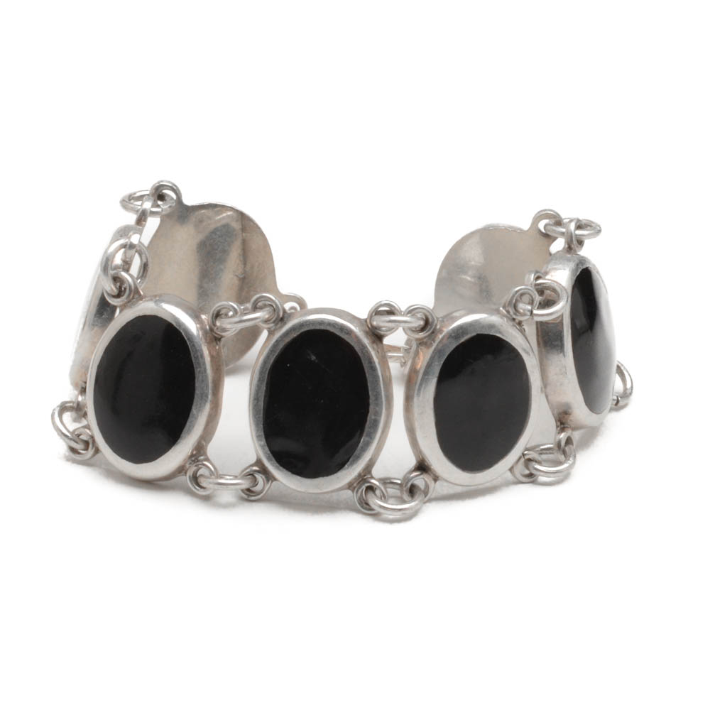 Sterling Silver Black Resin Inlaid Link Bracelet
