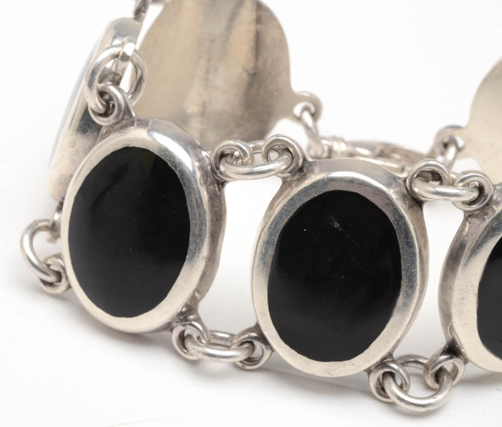 Sterling Silver Black Resin Inlaid Link Bracelet