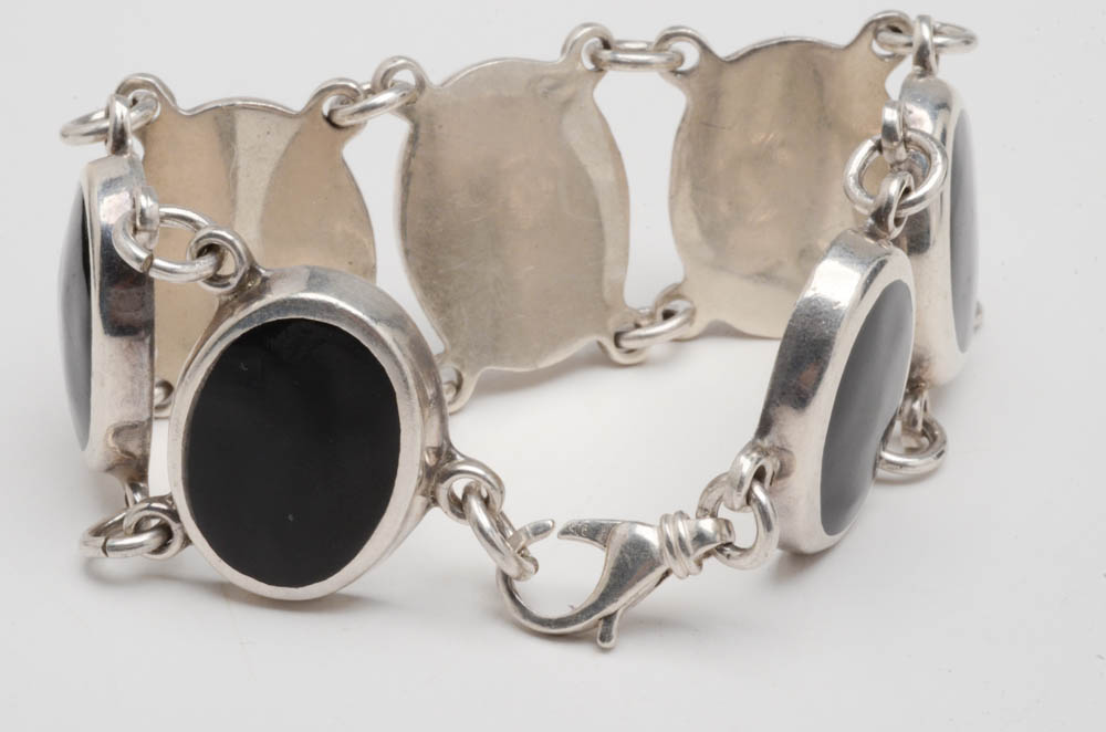 Sterling Silver Black Resin Inlaid Link Bracelet