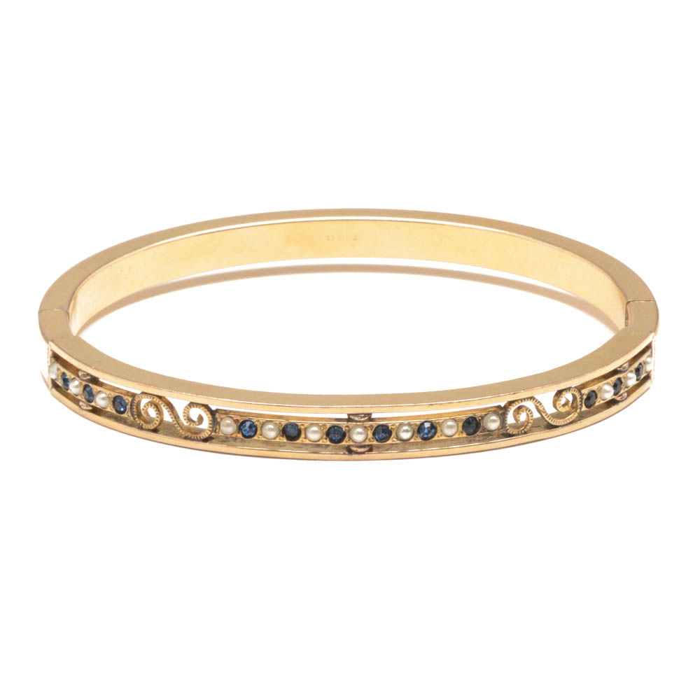 Early 20th Century Gold Filled Hinge Bracelet with Imitation Stones and Faux Pearls