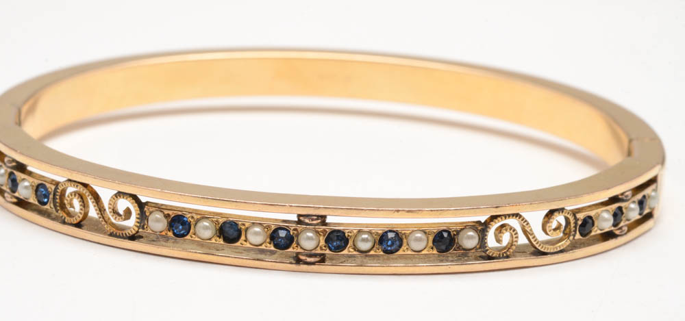Early 20th Century Gold Filled Hinge Bracelet with Imitation Stones and Faux Pearls