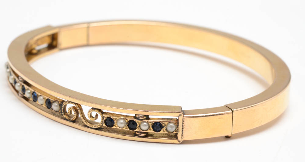 Early 20th Century Gold Filled Hinge Bracelet with Imitation Stones and Faux Pearls