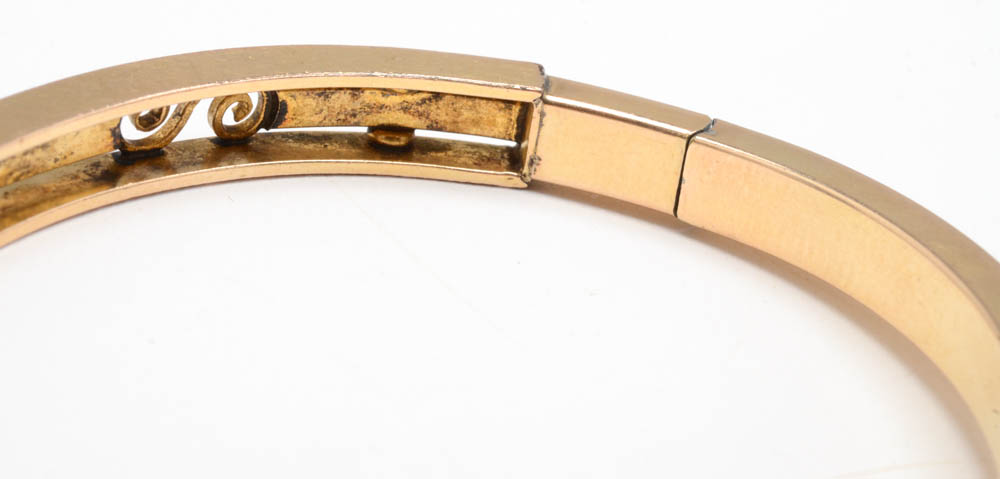 Early 20th Century Gold Filled Hinge Bracelet with Imitation Stones and Faux Pearls