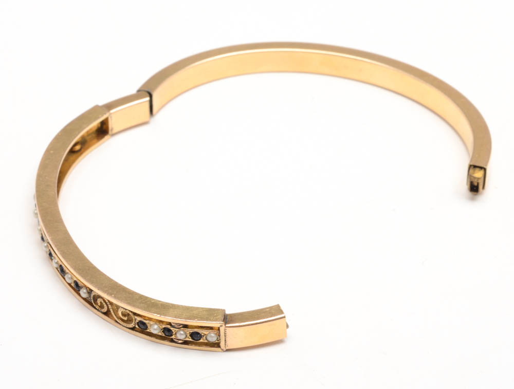 Early 20th Century Gold Filled Hinge Bracelet with Imitation Stones and Faux Pearls