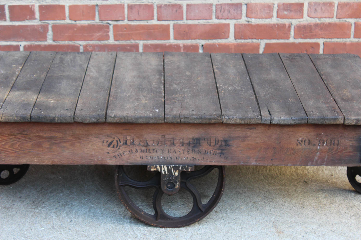 Antique Oak and Cast Iron Warehouse Cart By Hamilton Caster and Manufacturing Company