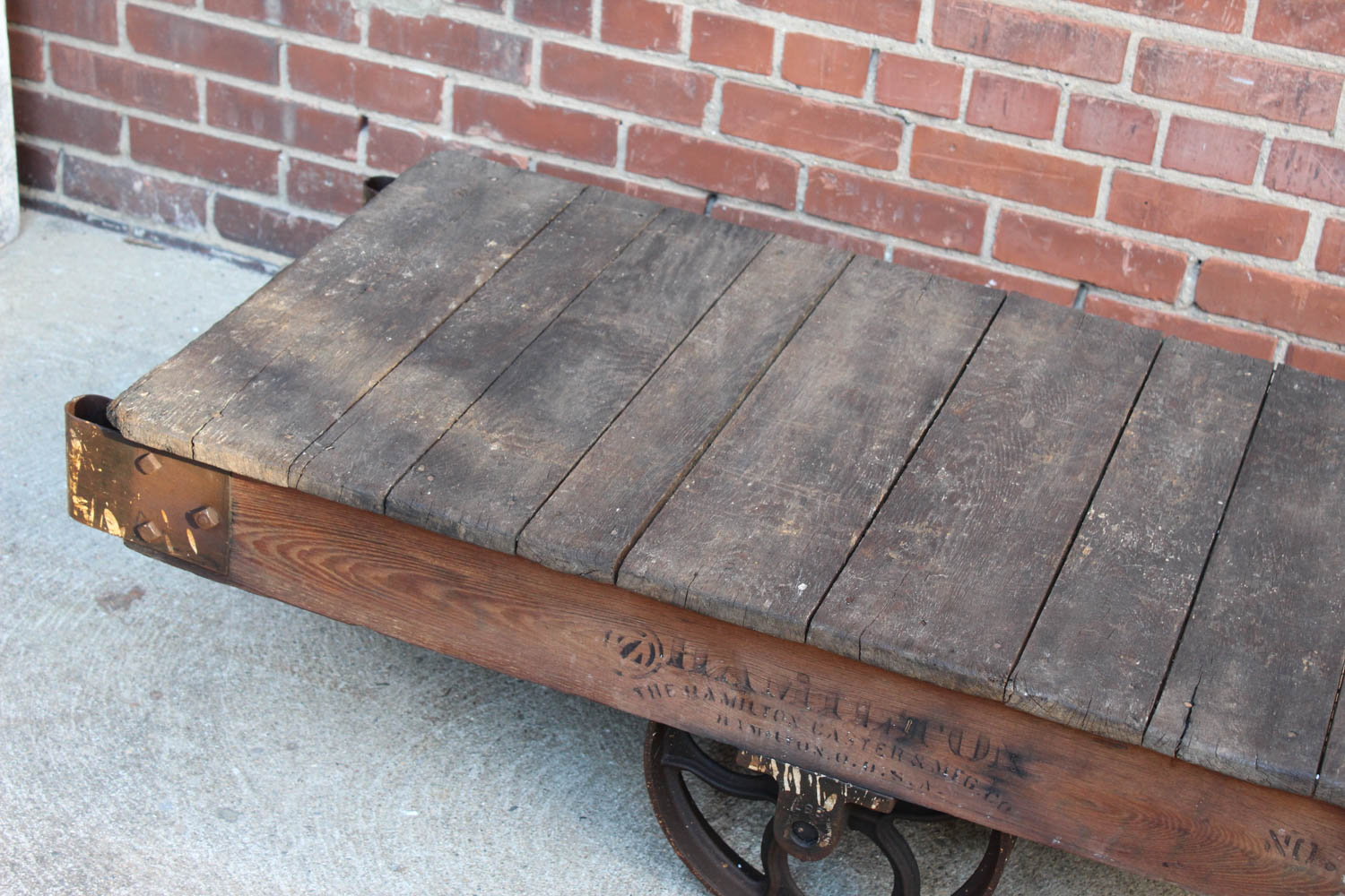 Antique Oak and Cast Iron Warehouse Cart By Hamilton Caster and Manufacturing Company