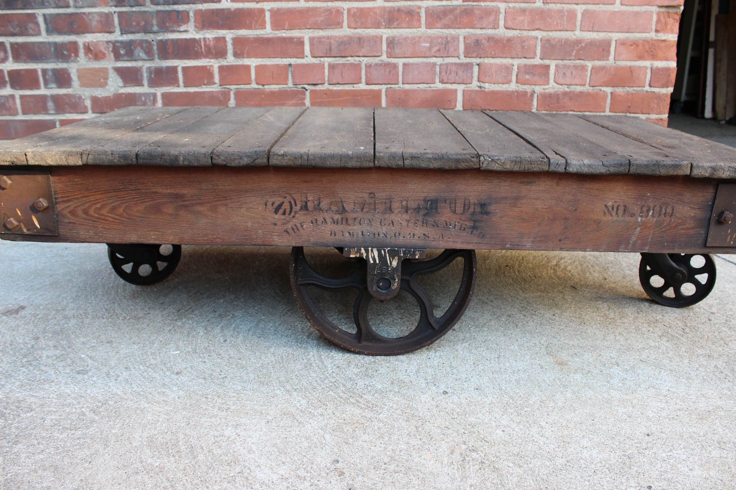 Antique Oak and Cast Iron Warehouse Cart By Hamilton Caster and Manufacturing Company