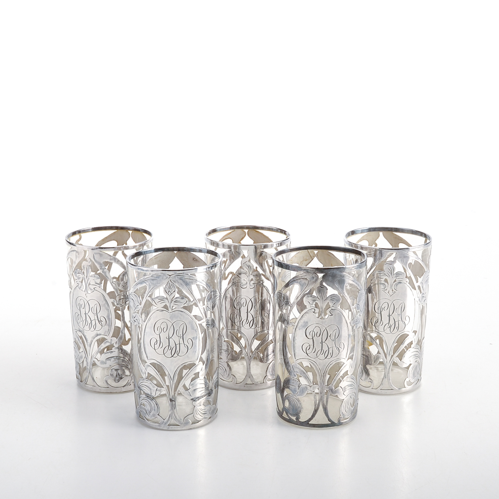 Set of Five Art Nouveau La Pierre Sterling Silver Overlay Glasses