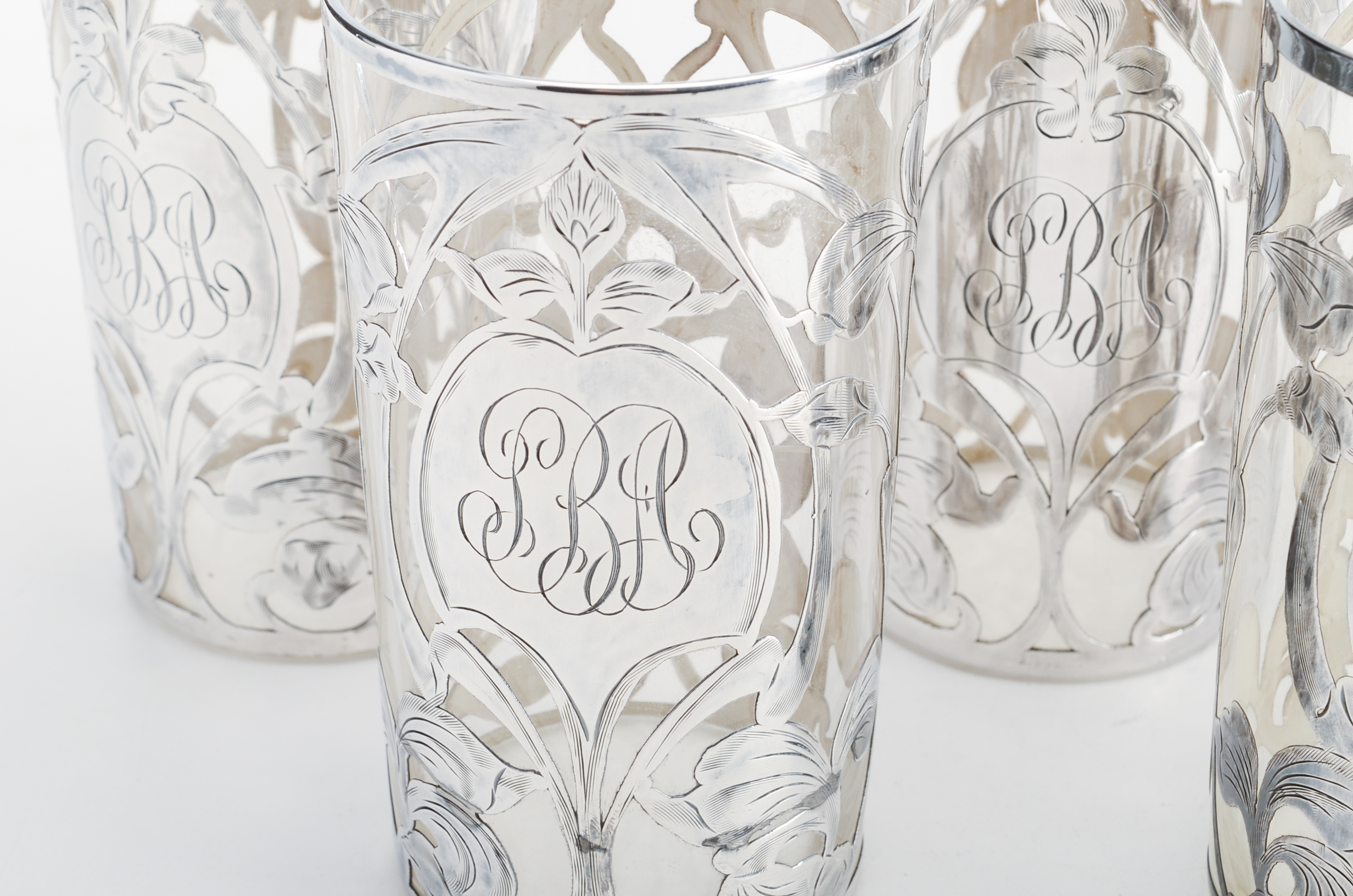 Set of Five Art Nouveau La Pierre Sterling Silver Overlay Glasses