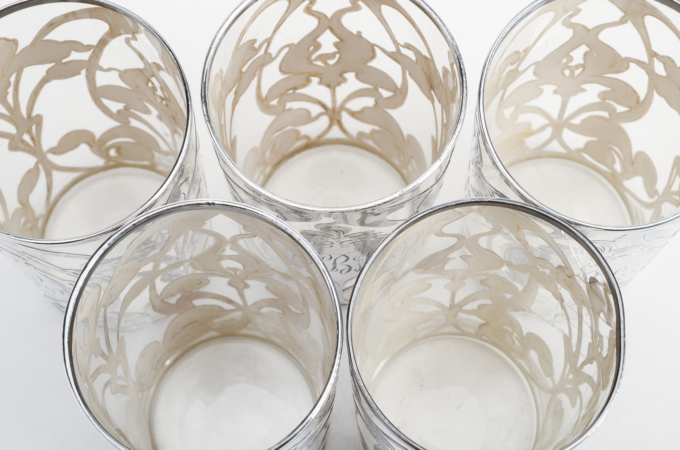 Set of Five Art Nouveau La Pierre Sterling Silver Overlay Glasses