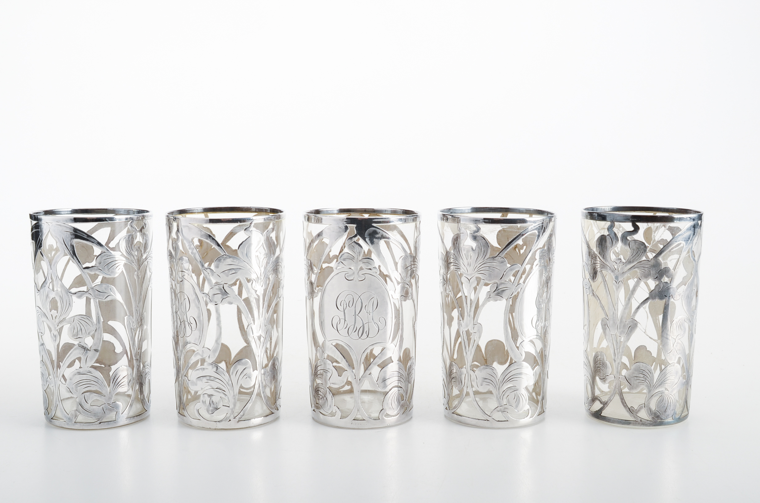 Set of Five Art Nouveau La Pierre Sterling Silver Overlay Glasses