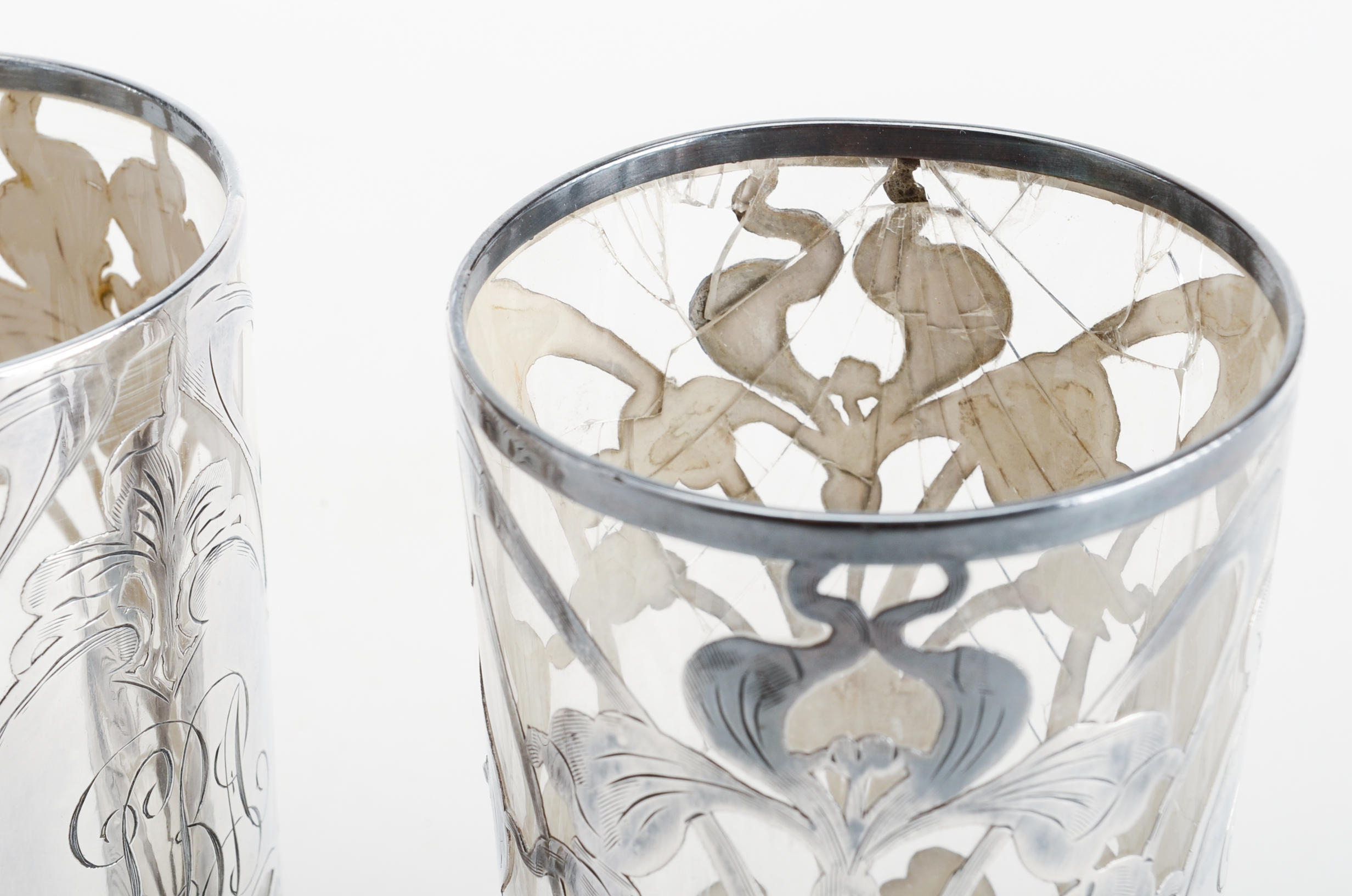 Set of Five Art Nouveau La Pierre Sterling Silver Overlay Glasses